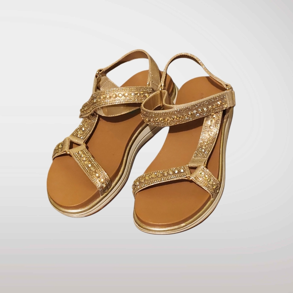 Tan/Gold wedge Sandals With adjustable strap Size 6 Rhinestones